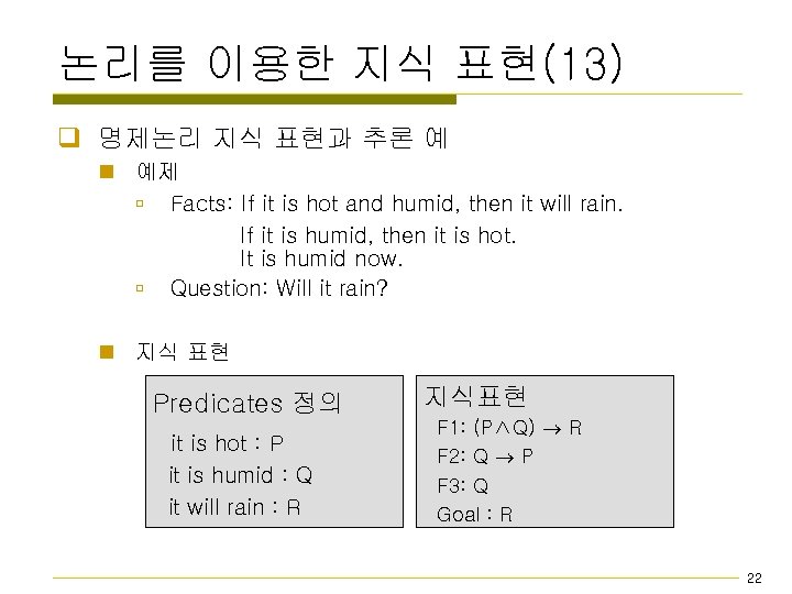 논리를 이용한 지식 표현(13) q 명제논리 지식 표현과 추론 예 n 예제 ú Facts: