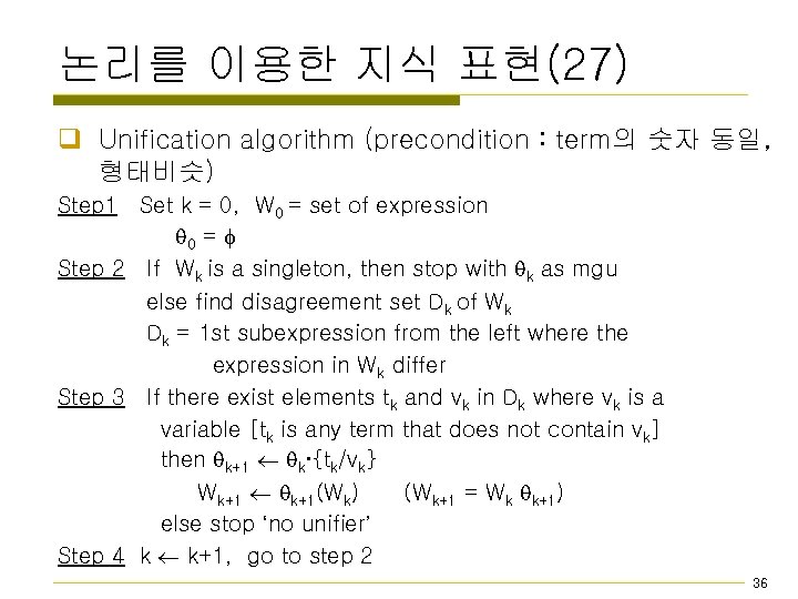 논리를 이용한 지식 표현(27) q Unification algorithm (precondition : term의 숫자 동일, 형태비슷) Step