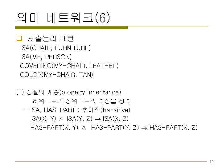 의미 네트워크(6) q 서술논리 표현 ISA(CHAIR, FURNITURE) ISA(ME, PERSON) COVERING(MY-CHAIR, LEATHER) COLOR(MY-CHAIR, TAN) (1)