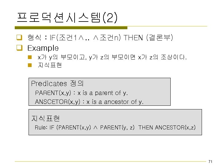 프로덕션시스템(2) q 형식 : IF(조건 1∧. . ∧조건n) THEN (결론부) q Example n x가