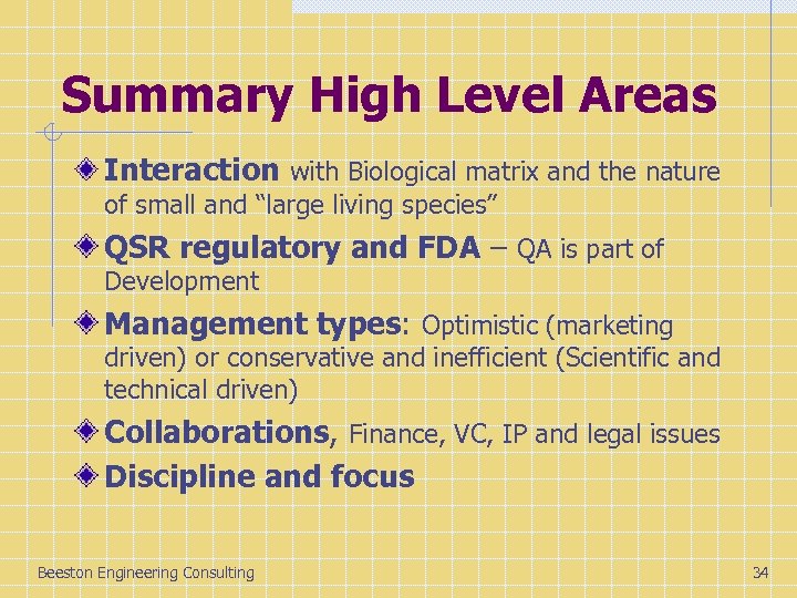 Summary High Level Areas Interaction with Biological matrix and the nature of small and