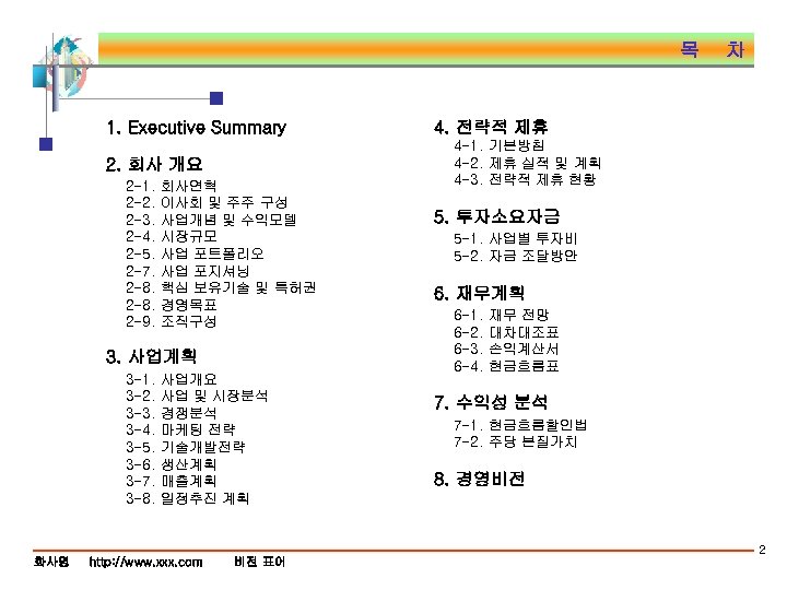 목 1. Executive Summary 2. 회사 개요 2 -1. 2 -2. 2 -3. 2