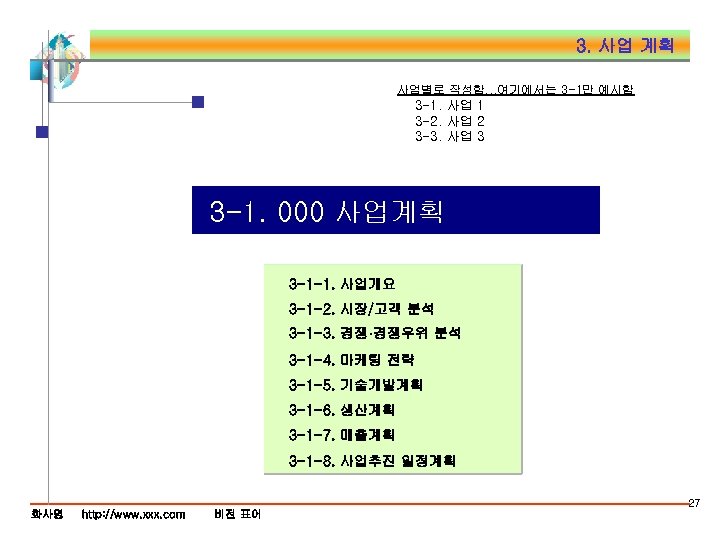 3. 사업 계획 사업별로 작성함…여기에서는 3 -1만 예시함 3 -1. 사업 1 3 -2.