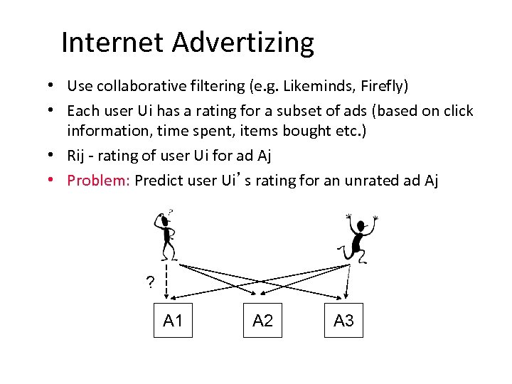 Internet Advertizing • Use collaborative filtering (e. g. Likeminds, Firefly) • Each user Ui