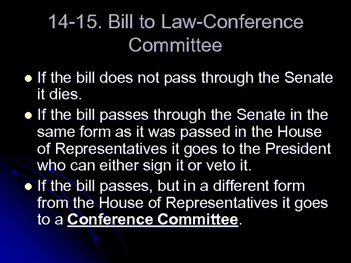 14 -15. Bill to Law-Conference Committee If the bill does not pass through the