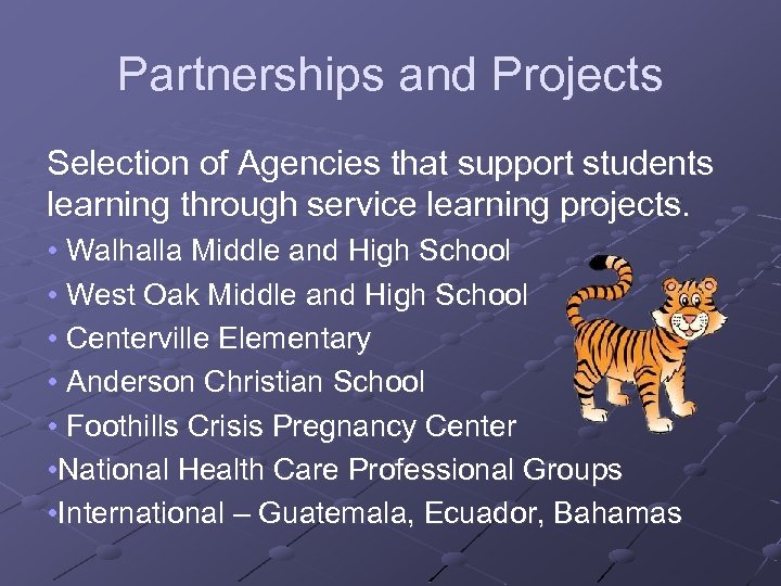 Partnerships and Projects Selection of Agencies that support students learning through service learning projects.