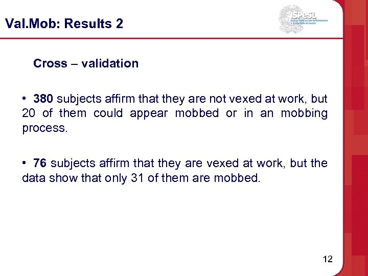 Val. Mob: Results 2 Cross – validation • 380 subjects affirm that they are