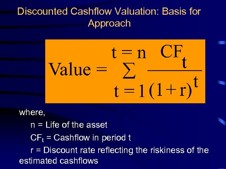Discounted Cashflow Valuation: Basis for Approach where, n = Life of the asset CFt