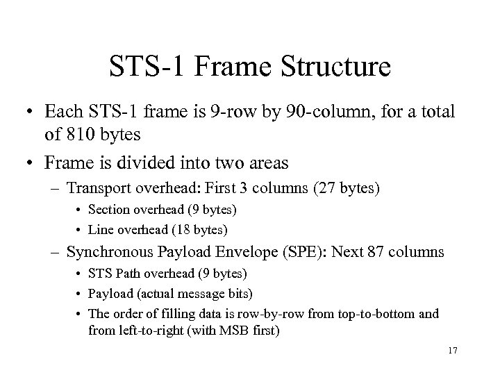 STS-1 Frame Structure • Each STS-1 frame is 9 -row by 90 -column, for