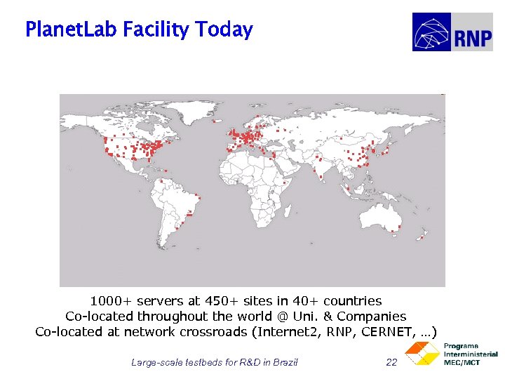 Planet. Lab Facility Today 1000+ servers at 450+ sites in 40+ countries Co-located throughout
