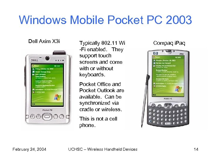 Windows Mobile Pocket PC 2003 Dell Axim X 3 i Typically 802. 11 Wi