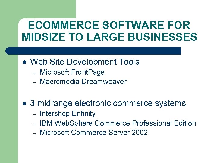 ECOMMERCE SOFTWARE FOR MIDSIZE TO LARGE BUSINESSES l Web Site Development Tools – –