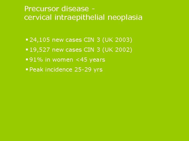 Precursor disease cervical intraepithelial neoplasia § 24, 105 new cases CIN 3 (UK 2003)