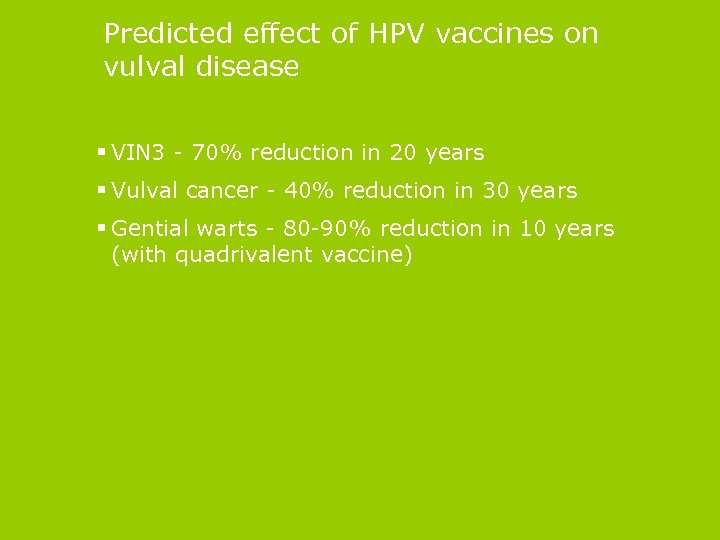 Predicted effect of HPV vaccines on vulval disease § VIN 3 - 70% reduction