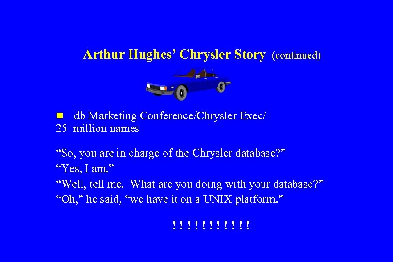 Arthur Hughes’ Chrysler Story (continued) n db Marketing Conference/Chrysler Exec/ 25 million names “So,