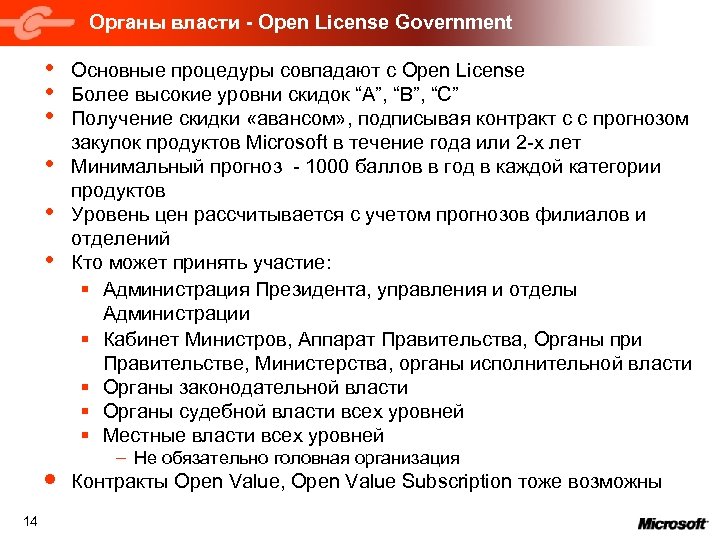 Органы власти - Open License Government • • 14 Основные процедуры совпадают с Open