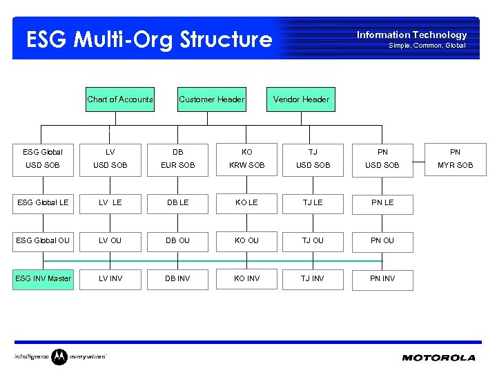ESG Multi-Org Structure Chart of Accounts Customer Header Information Technology Simple, Common, Global Vendor