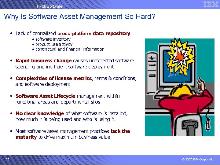 Tivoli Software Why Is Software Asset Management So Hard? • Lack of centralized cross-platform