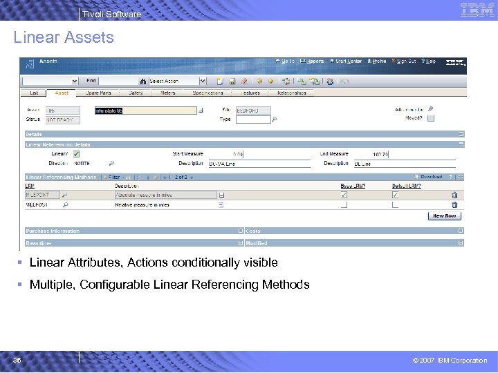 Tivoli Software Linear Assets § Linear Attributes, Actions conditionally visible § Multiple, Configurable Linear