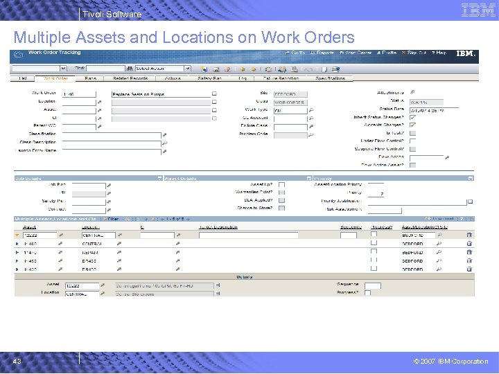 Tivoli Software Multiple Assets and Locations on Work Orders 43 © 2007 IBM Corporation