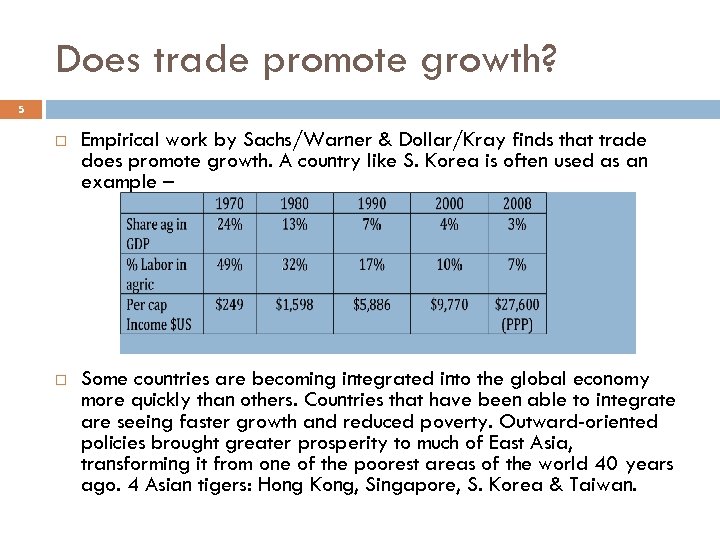 Does trade promote growth? 5 Empirical work by Sachs/Warner & Dollar/Kray finds that trade