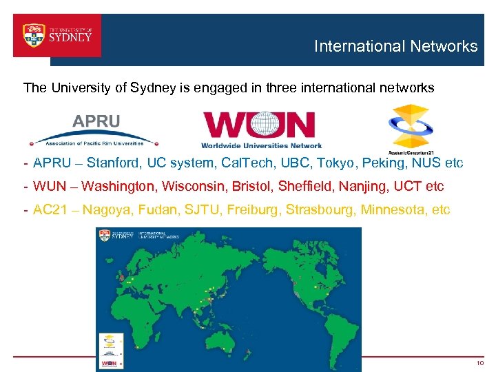 International Networks The University of Sydney is engaged in three international networks - APRU