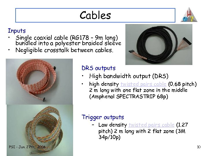 Cables Inputs • Single coaxial cable (RG 178 – 9 m long) bundled into