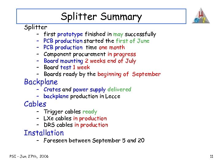 Splitter Summary Splitter – – – – first prototype finished in may successfully PCB