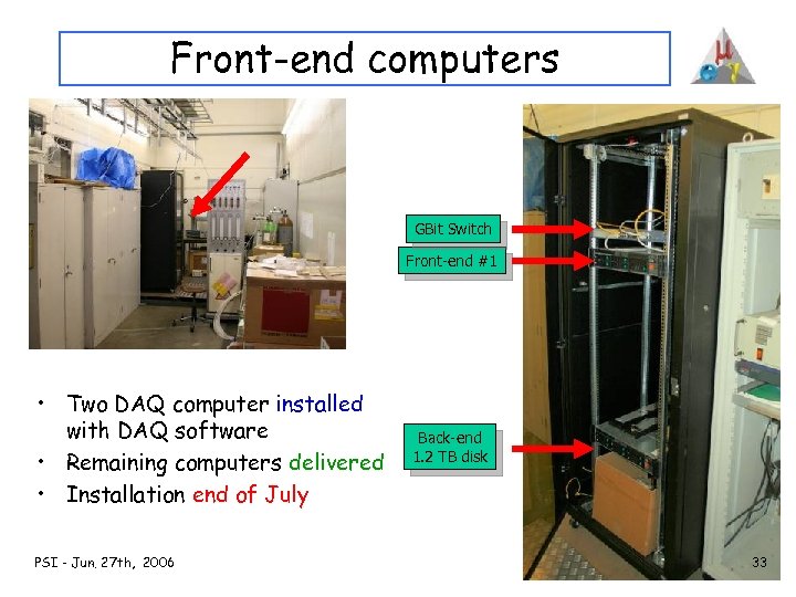 Front-end computers GBit Switch Front-end #1 • Two DAQ computer installed with DAQ software