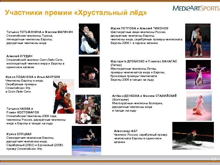 Участники премии «Хрустальный лёд» Татьяна ТОТЬМЯНИНА и Максим МАРИНИН Олимпийские чемпионы Турина, пятикратные чемпионы