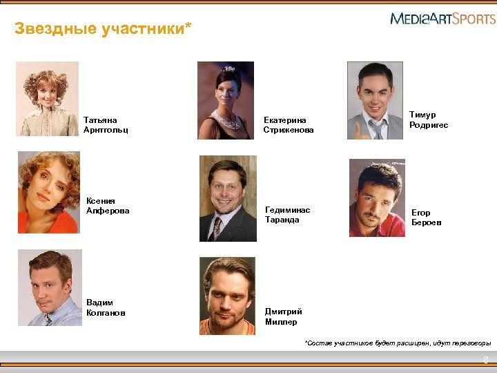 Звездные участники* Татьяна Арнтгольц Ксения Алферова Вадим Колганов Екатерина Стриженова Гедиминас Таранда Тимур Родригес
