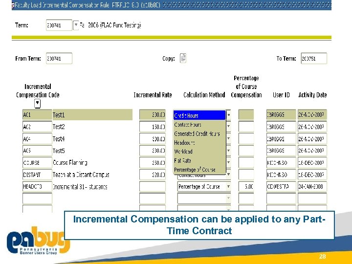 Incremental Compensation can be applied to any Part. Time Contract Course ID 0391 28