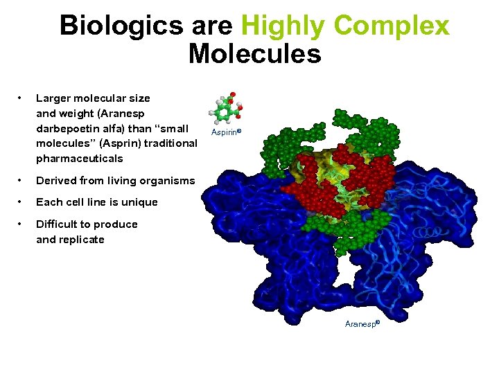Biologics are Highly Complex Molecules • Larger molecular size and weight (Aranesp darbepoetin alfa)