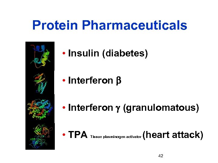 Protein Pharmaceuticals • Insulin (diabetes) • Interferon b • Interferon g (granulomatous) • TPA