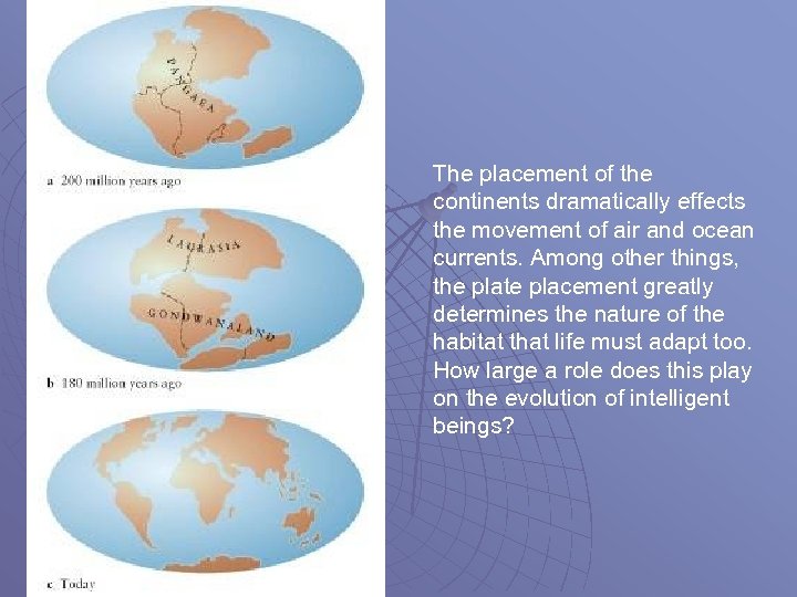 The placement of the continents dramatically effects the movement of air and ocean currents.