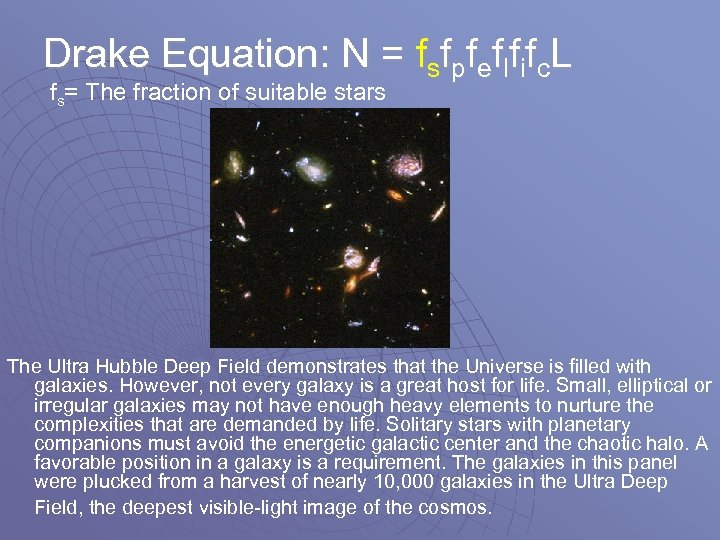 Drake Equation: N = fsfpfeflfifc. L fs= The fraction of suitable stars The Ultra