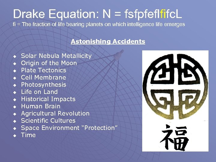 Drake Equation: N = fsfpfeflfifc. L fi = The fraction of life bearing planets