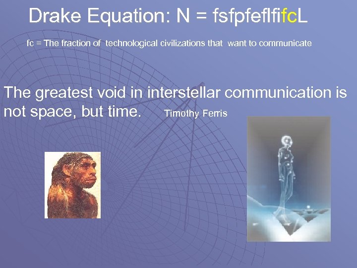 Drake Equation: N = fsfpfeflfifc. L fc = The fraction of technological civilizations that