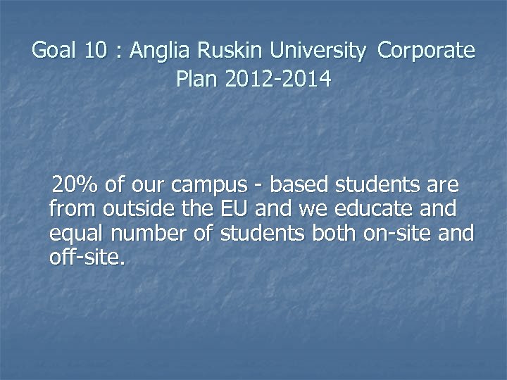 Goal 10 : Anglia Ruskin University Corporate Plan 2012 -2014 20% of our campus