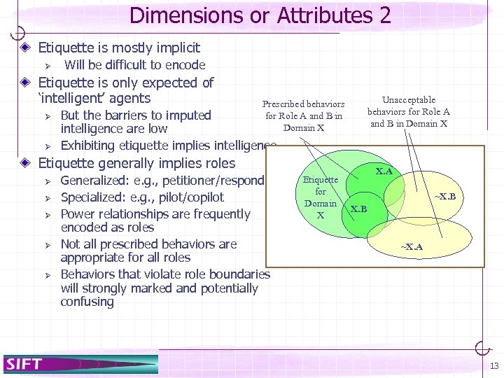 Dimensions or Attributes 2 Etiquette is mostly implicit Ø Will be difficult to encode