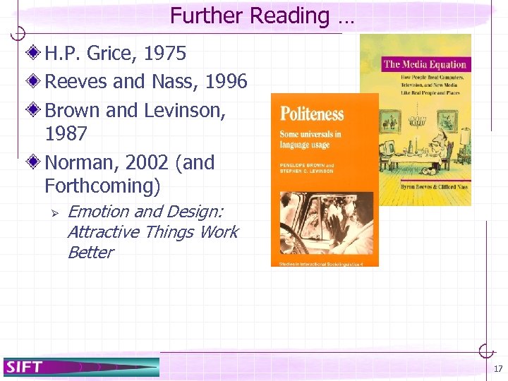 Further Reading … H. P. Grice, 1975 Reeves and Nass, 1996 Brown and Levinson,