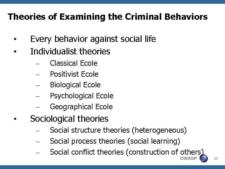 Theories of Examining the Criminal Behaviors • • Every behavior against social life Individualist