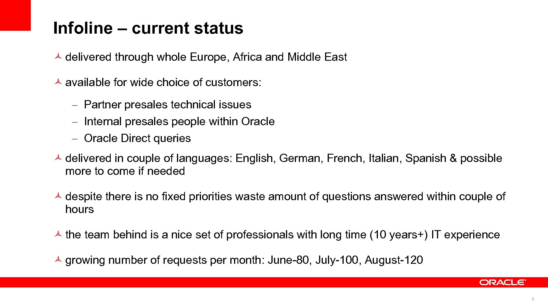 Infoline – current status delivered through whole Europe, Africa and Middle East available for