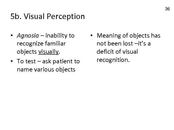 36 5 b. Visual Perception • Agnosia – inability to recognize familiar objects visually.