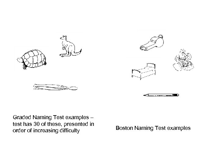 Graded Naming Test examples – test has 30 of these, presented in order of