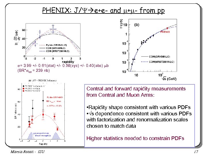 PHENIX: J/Y e+e- and + - from pp s= 3. 99 +/- 0. 61(stat)