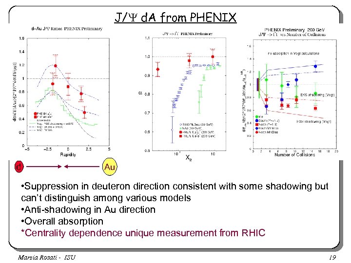 J/Y d. A from PHENIX d Au • Suppression in deuteron direction consistent with