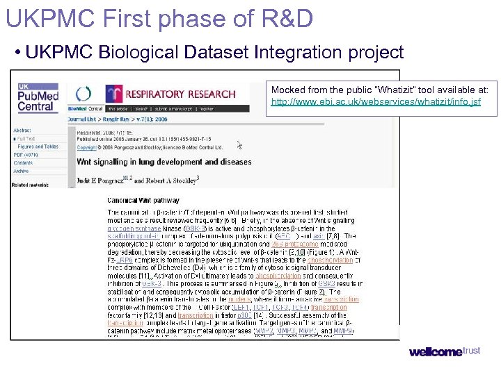 UKPMC First phase of R&D • UKPMC Biological Dataset Integration project Mocked from the