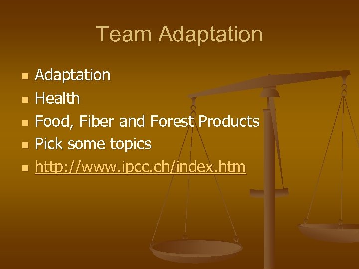 Team Adaptation n n Adaptation Health Food, Fiber and Forest Products Pick some topics
