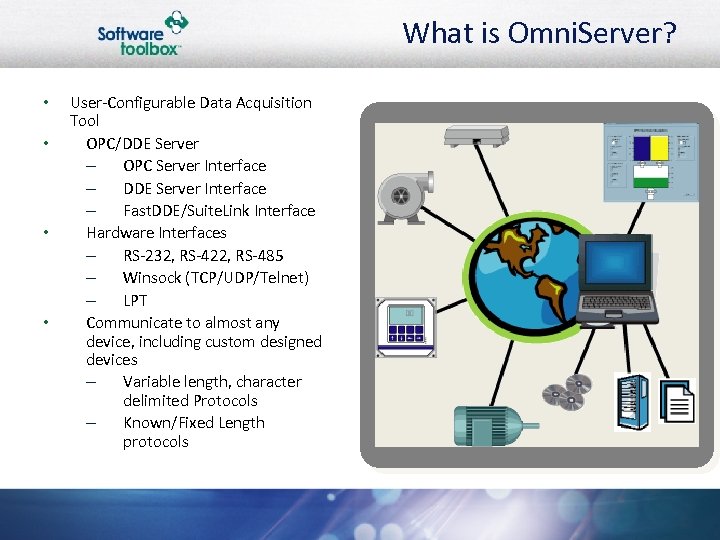 What is Omni. Server? • • User-Configurable Data Acquisition Tool OPC/DDE Server – OPC